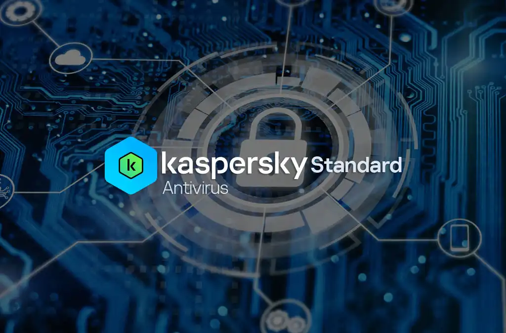 Kaspersky Plan Standard mostrando el logotipo y características clave de la solución de seguridad para empresas, incluyendo protección contra amenazas y gestión centralizada.